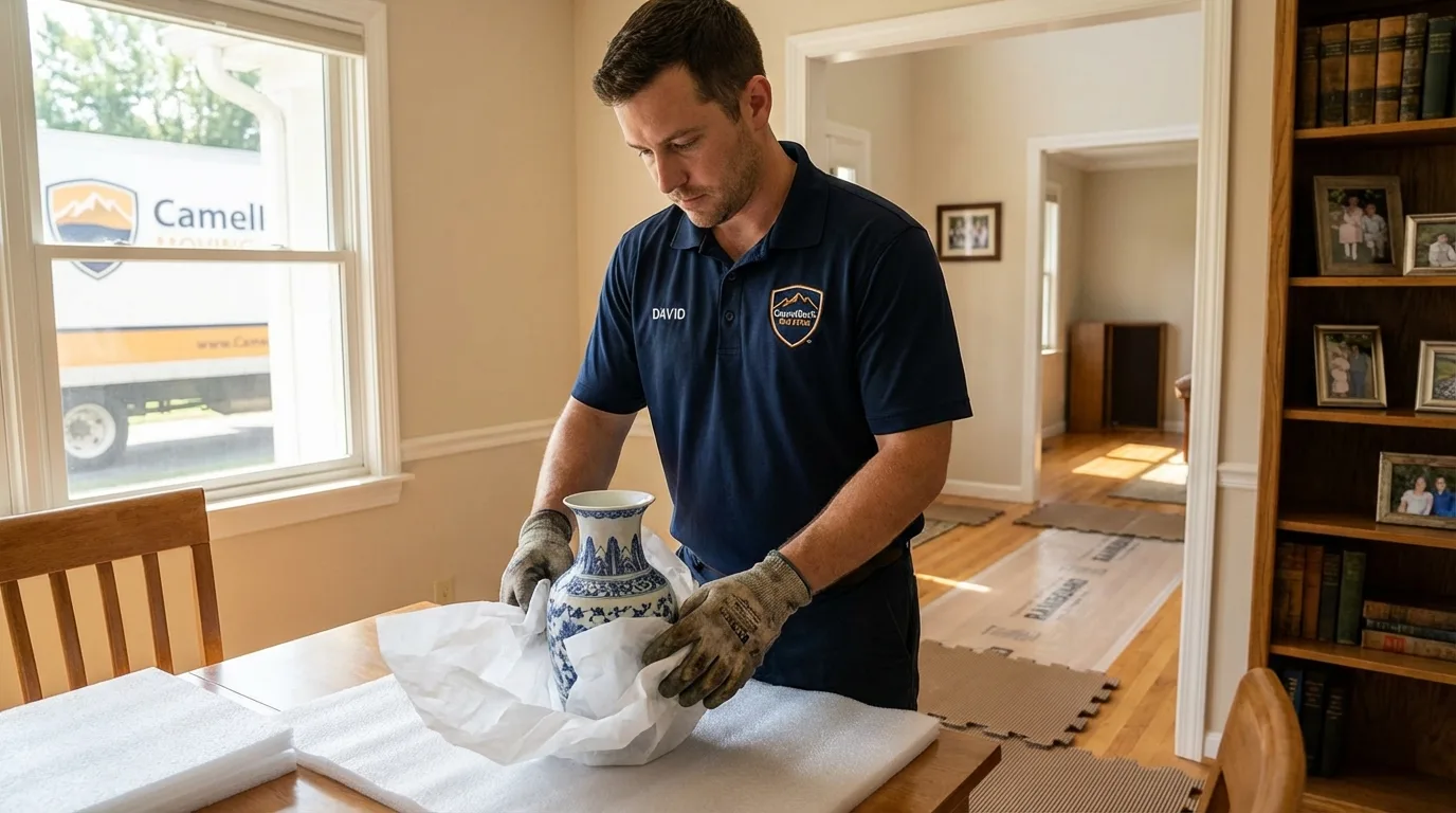 Professional crew carefully wrapping antique vase for senior downsizing move in Osseo, MN